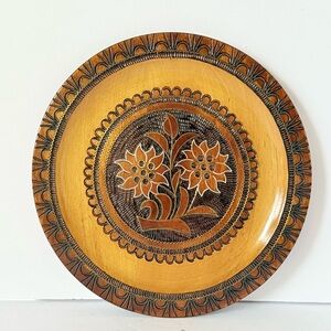 Vintage Polish Hand-Carved Wooden Plate with Brass Inlay – Folk Art 8”